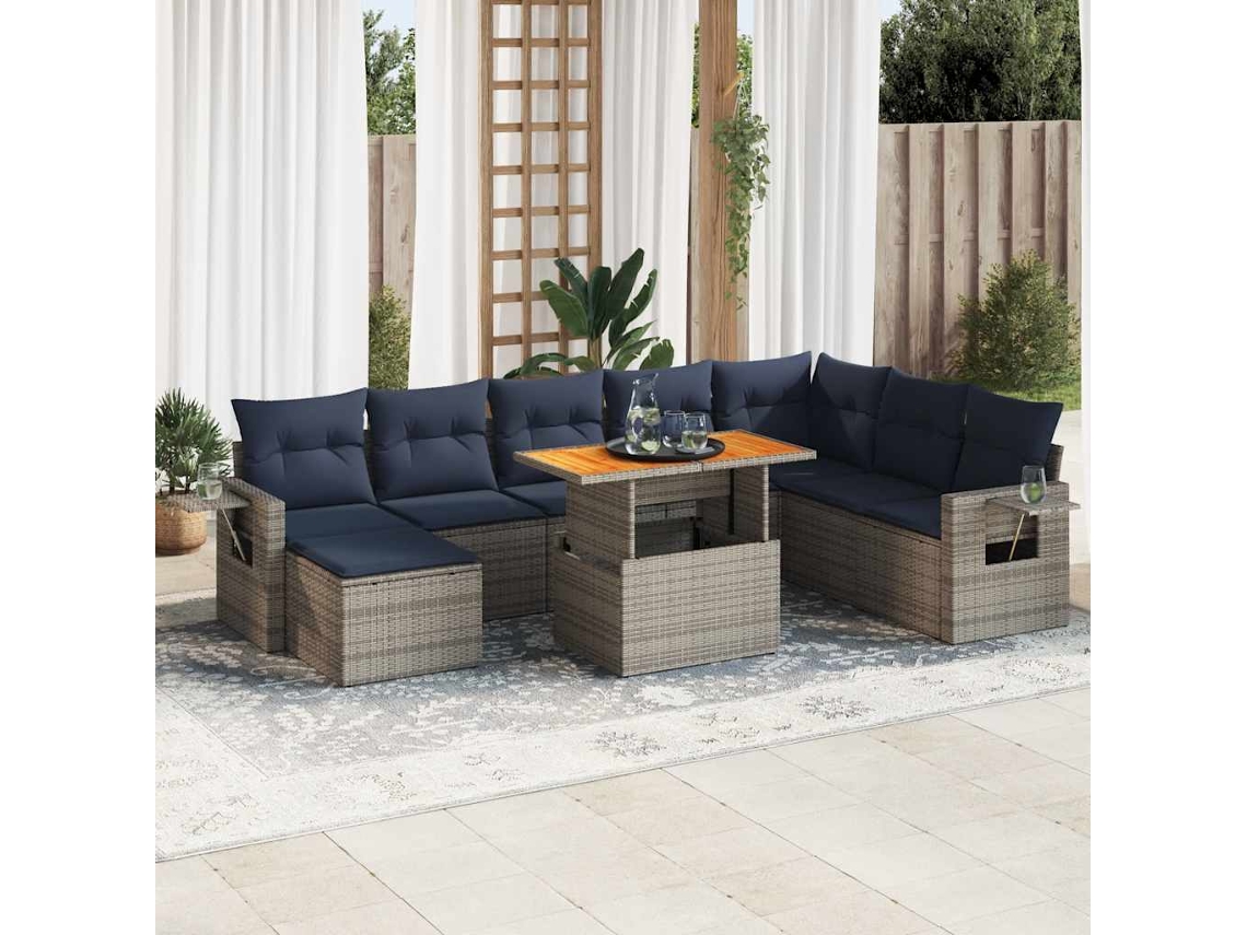 Vidaxl 9 Pcs Conjunto Sofás P/ Jardim Com Almofadões Vime Pe Cinzento