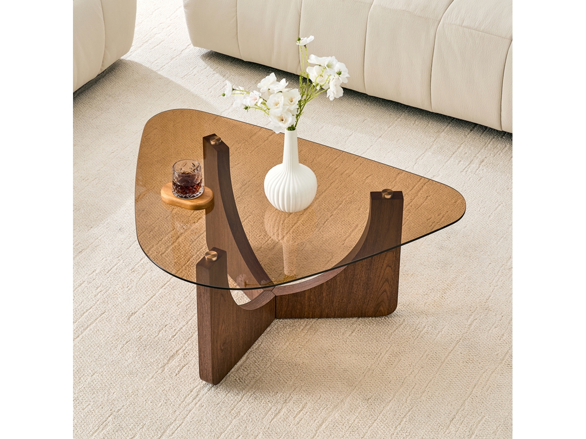 Mesa De Centro Triangular Em Vidro Temperado Com Estrutura De Mdf Castanha, Para Sala De Estar