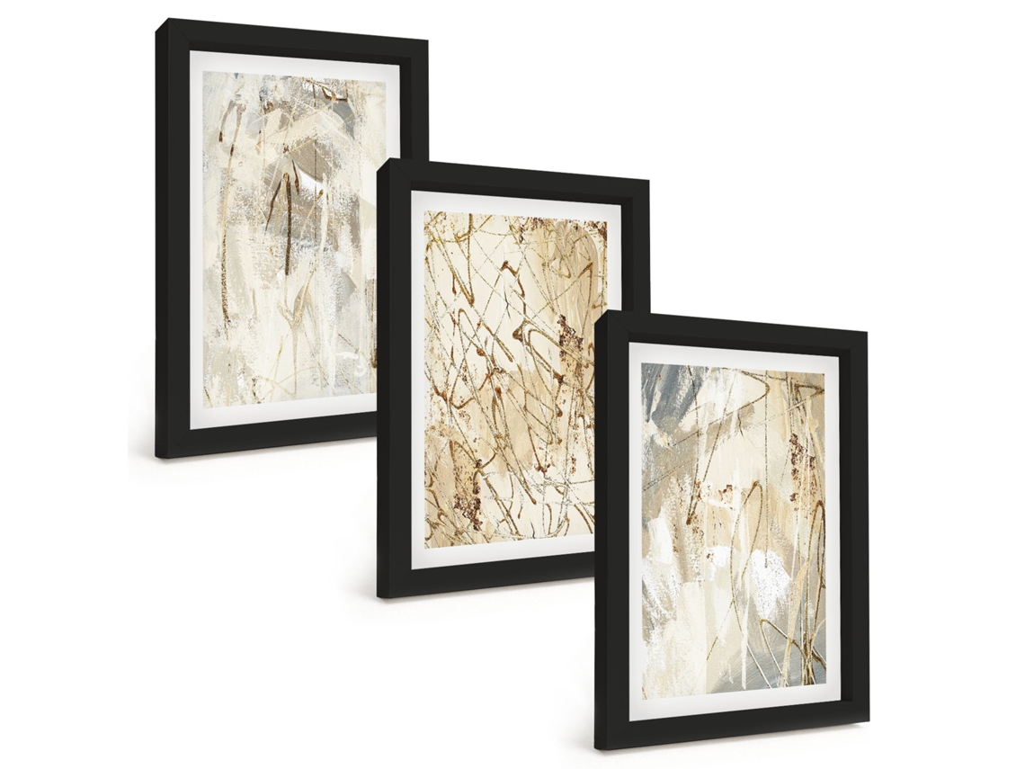 Composição De Quadrospadrões Abstratos Em Bege E Cinza Moldura Preta Imagens Para Um Quarto Infantil Espelharte (3 Peças 20x30 Cm)