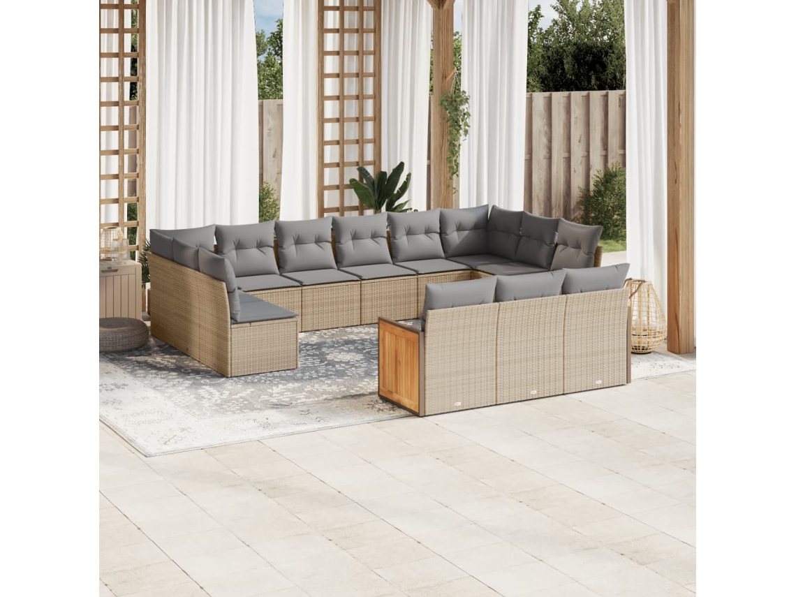 Vidaxl 13 Pcs Conjunto De Sofás P/ Jardim Com Almofadões Vime Pe Bege