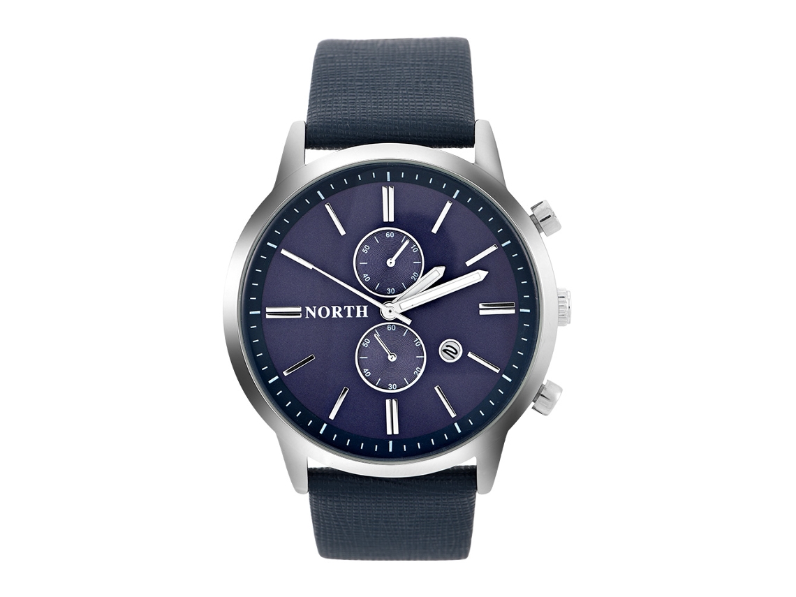 Reloj De Pulsera Analógico De Cuarzo Redondo Con Correa De Cuero Y Fecha (esfera Azul)