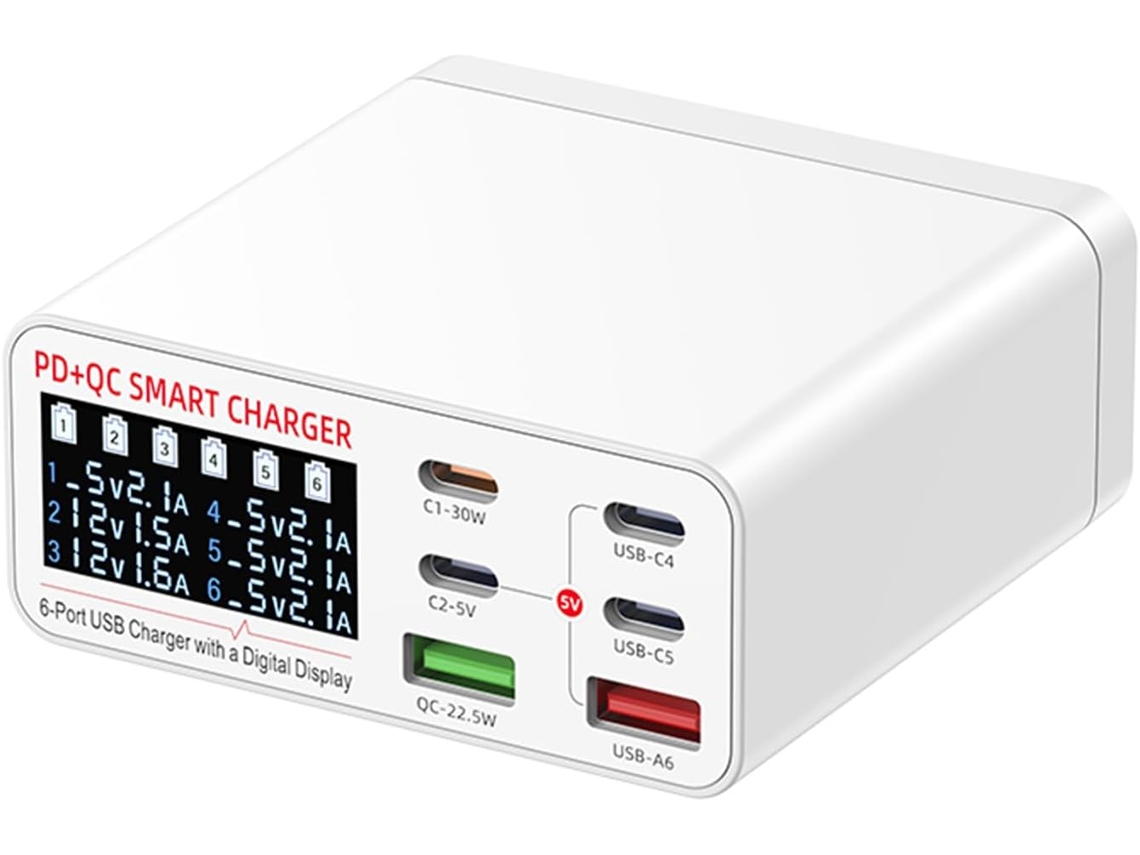 Carregador De Mesa Multifuncional 6 Portas Com Visor Digital