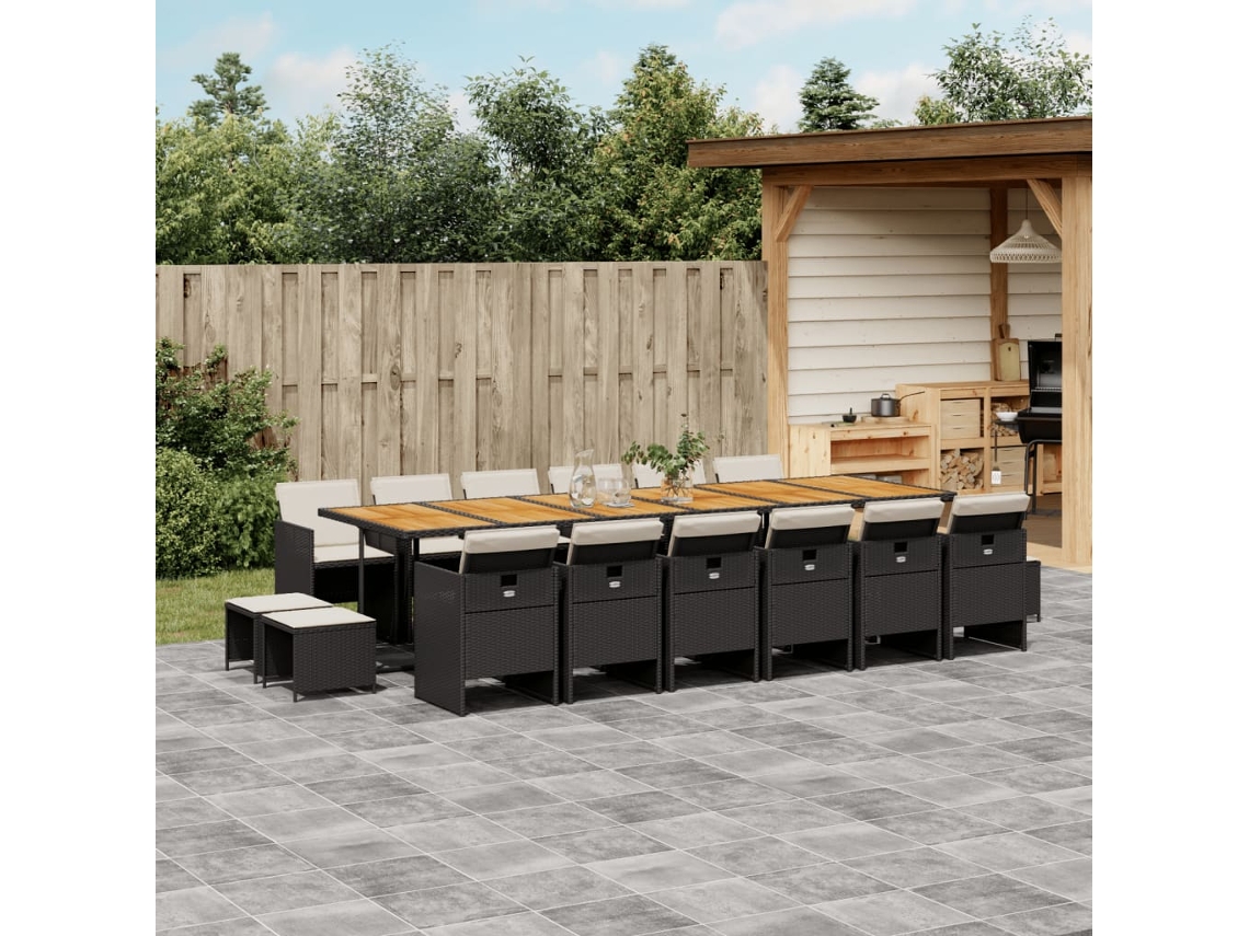 Vidaxl 17 Pcs Conjunto De Jantar P/ Jardim C/ Almofadões Vime Pe Preto