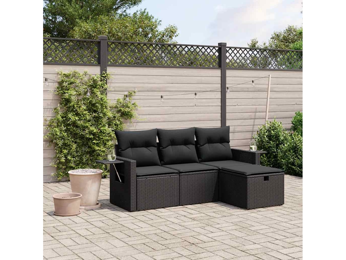 Vidaxl 4 Pcs Conjunto De Sofás Para Jardim C/ Almofadões Vime Pe Preto