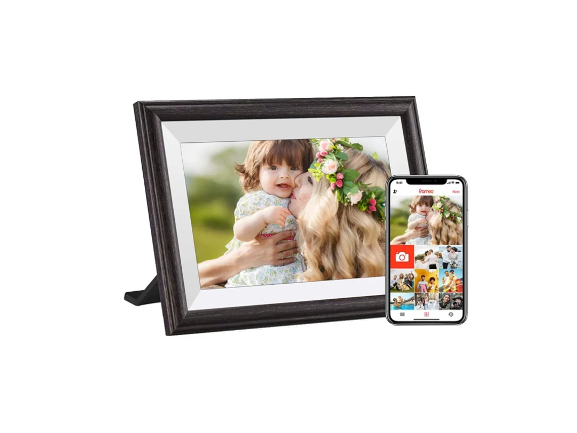 Moldura digital preta de 7 polegadas, memória interna de 16 GB, suporta reprodução de fotos do celular, com tela sensível ao toque