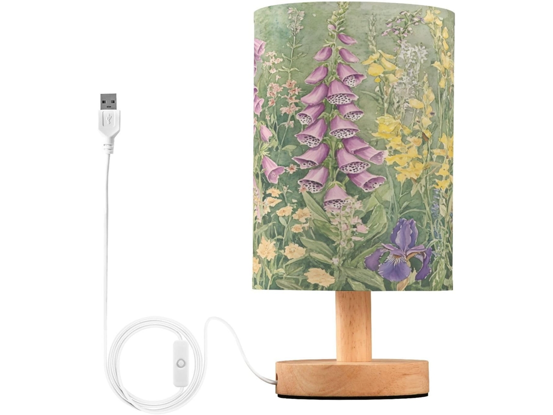 Abajur de Cabeceira Vintage com Estampa de Flores Silvestres, Porta-carregadores USB-C, Luminária de Leitura LED, Base