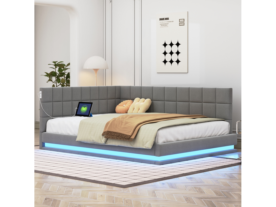 Cama Estofada Multifuncional Com Led Com Usb Com Tomadas Com Estrado De Ripas De Linho Cinza Material Resistente E Seguro