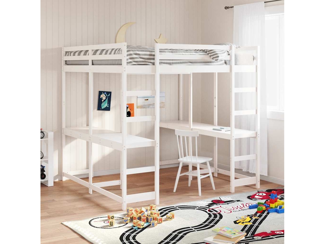 Vidaxl Cama Alta C/ Secretária E Escada 160x200 Cm Pinho Maciço Branco