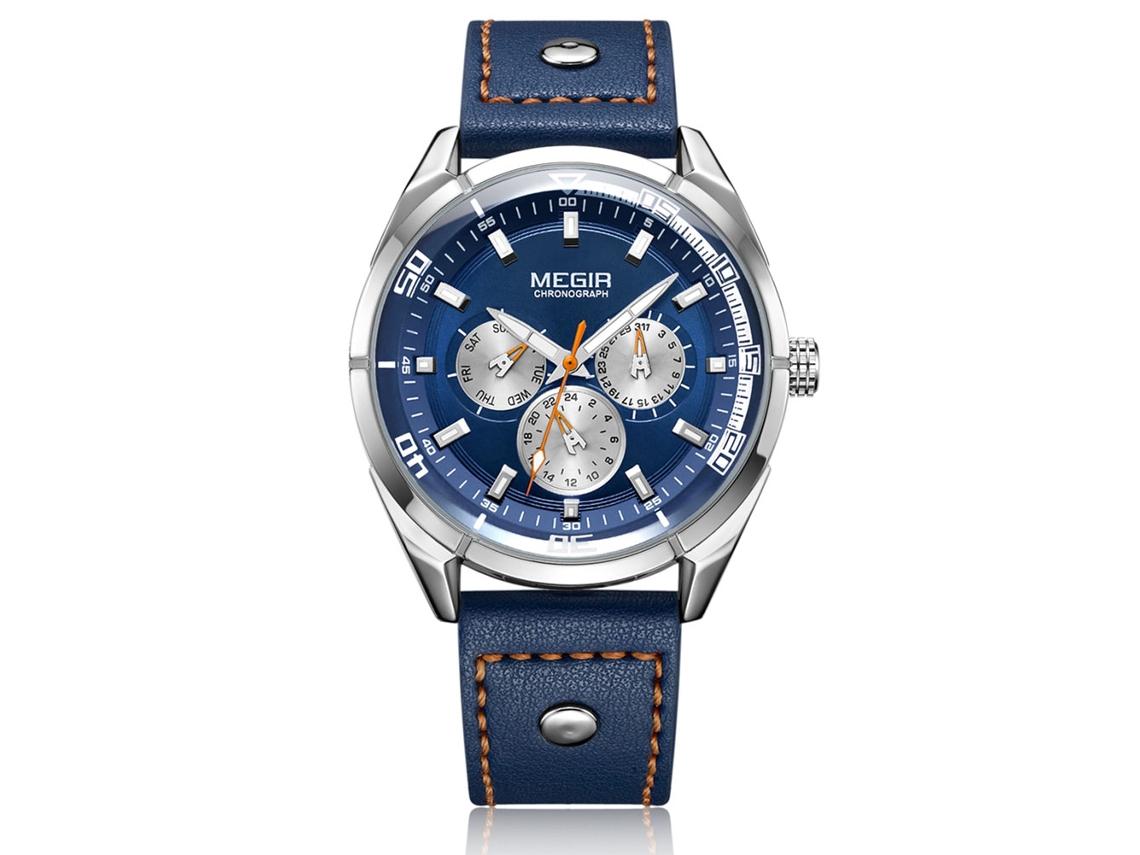Relógio masculino casual de couro, analógico, quartzo, com calendário e pulseira azul.