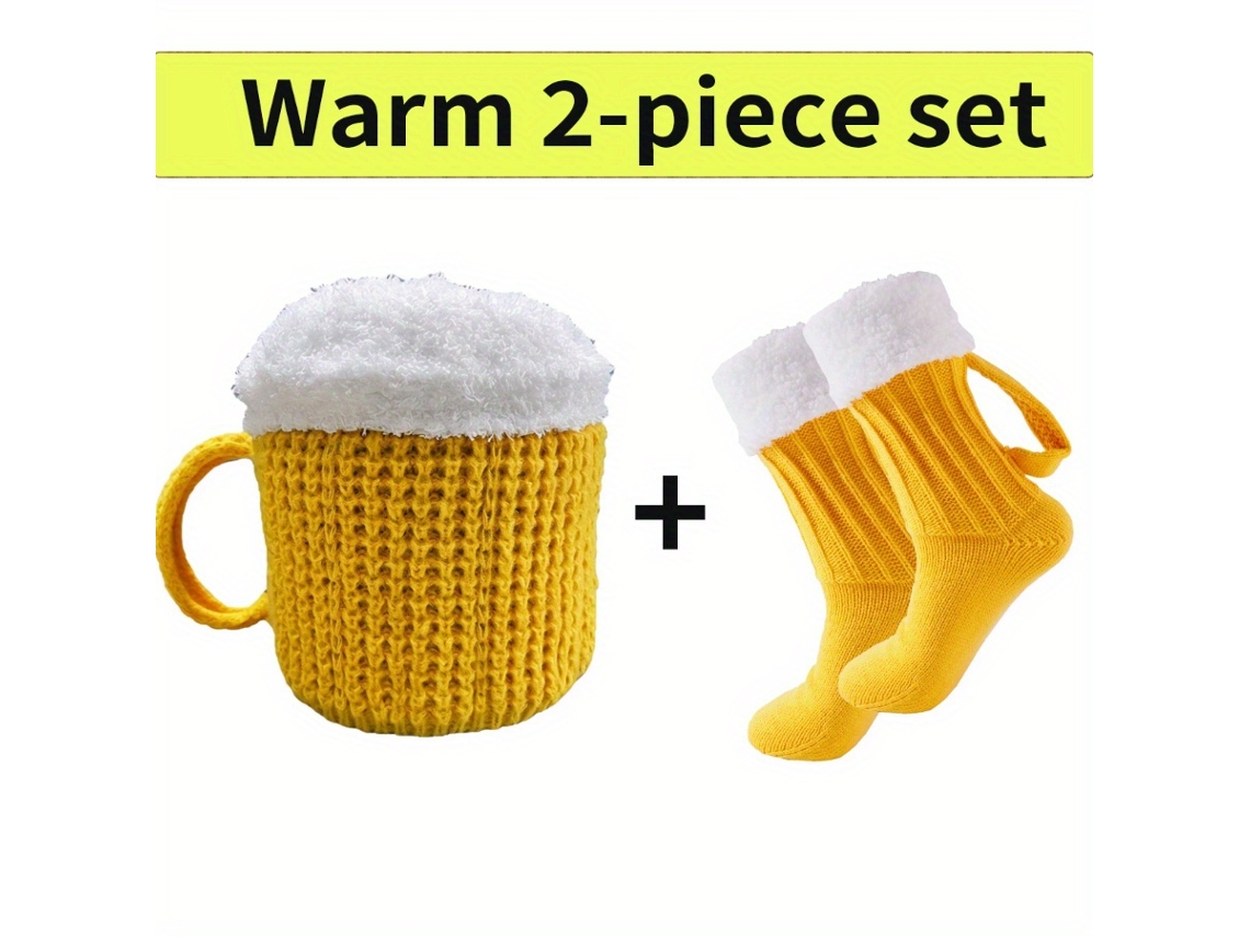 Conjunto Divertido: Gorro Caneca de Cerveja e Meias de Inverno, Proteção Contra Vento e Frio AQUAFORGE (amarelo)