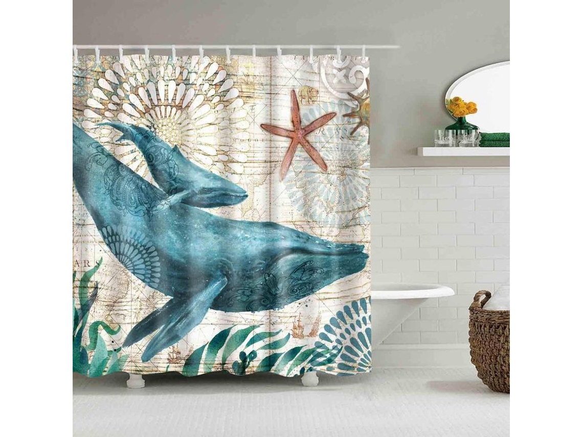 Cortina De Ducha Ballena Estilo Mediterráneo Vida Marina 72x72 Pulgadas Impermeable Poliéster Con Ganchos Decoración Baño