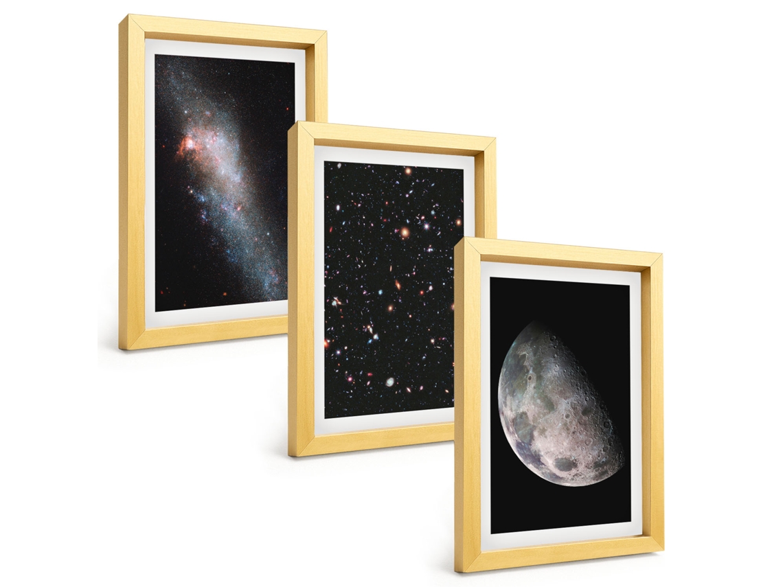 Quadros Decorativos Para Paredeespaço, Galáxia, Estrelas E Lua Moldura Dourada Quadros Para O Escritório Espelharte (3 Peças 20x30 Cm)