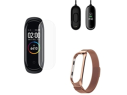 Kit Pulseira Bracelete Milanese Loop Fecho Magnético Carregador Usb Charger Película Protectora Ecrã Gel Full Cover Xiaomi Mi Band 4 Ouro Rosa
