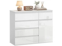 Credenza, Móvel Com 5 Cassetes, Ripiano Regolabile, Bianco Lucido.