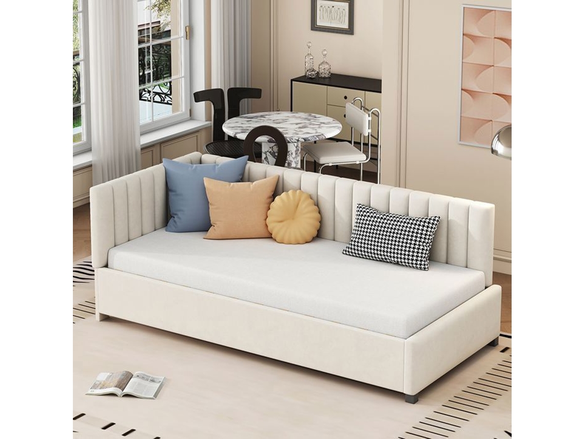 Sofá-cama - Pugsdrly - Design Versátil - 90 X 200 Cm - Tecido Veludo Bege - Estrutura De Ripas