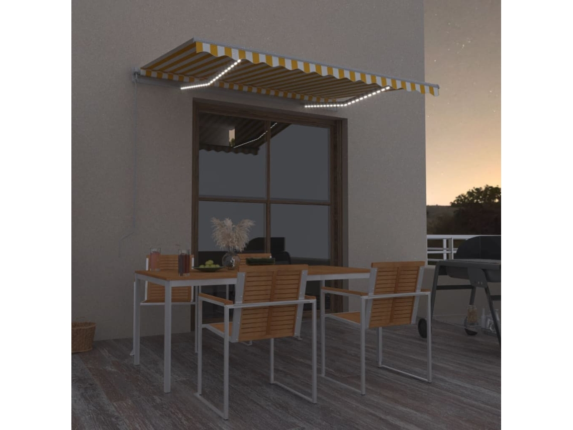Vidaxl Toldo Retrátil Manual Com Led 350x250 Cm Amarelo E Branco
