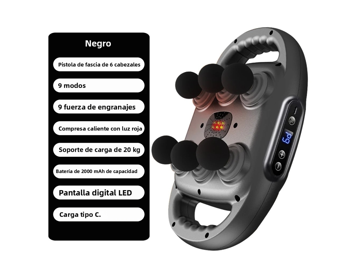 Massageador Elétrico de Fáscia com 6 Cabeças de Massagem. MDUG (preto)
