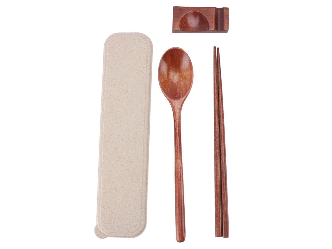 Conjunto de colher e palitos de madeira portátil reutilizável com capa para viagens camping escritório S/MARCA