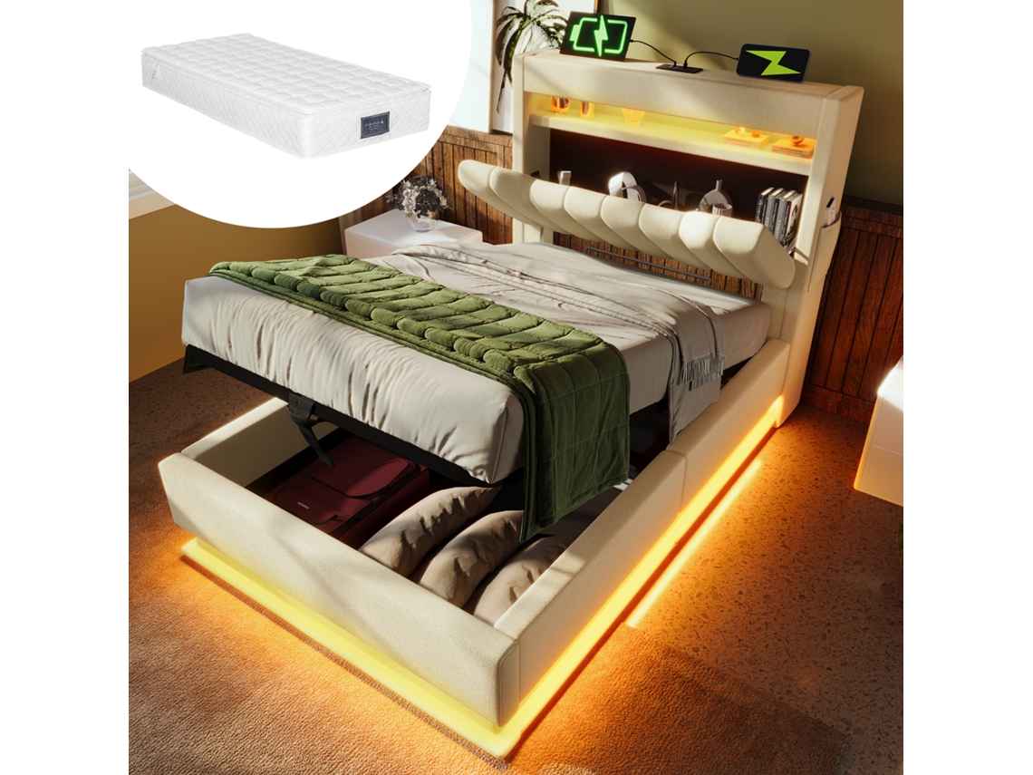 Cama Solteiro 90x200cm Bege Linho Estojo Usb Tipo-c Led Matriz
