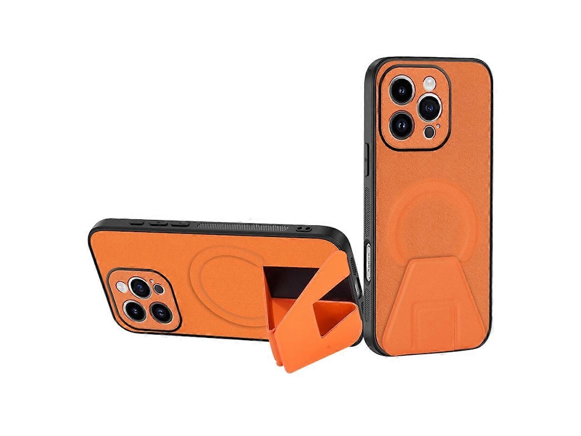 Capa Para Iphone 16 Pro Com Suporte Em Couro Pu Tpu Compatível Com Magsafe - Laranja