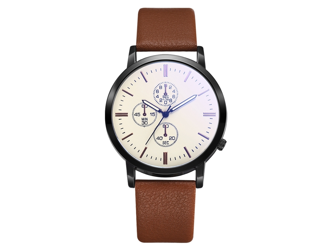 Relógio de pulso masculino casual e moderno com mecanismo de quartzo e liga metálica, nas cores marrom e branco.
