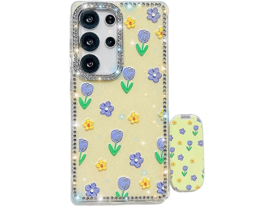Capa Tkdaddy Para Samsung Galaxy S25 Ultra Com Suporte De Espelho Reto E Borda De Strass Com Flor Tpu Capa De Telefone Imd Pc F6