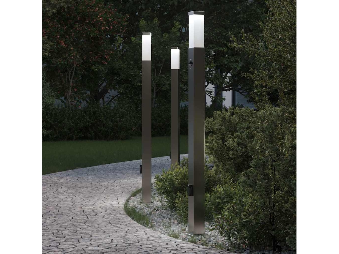 Vidaxl Conjunto De 3 Postes De Iluminação Com Sensor E Tomada, 110 Cm, Em Aço Inoxidável, Ip44