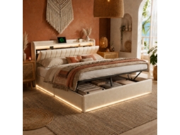 Cama Baú 140x200 Cm Com Led E Usb, Cama Hidráulica Estofada Com Cabeceira Com Arrumação Oculta E Prateleiras, Estrado De Ripas, Cor Bege