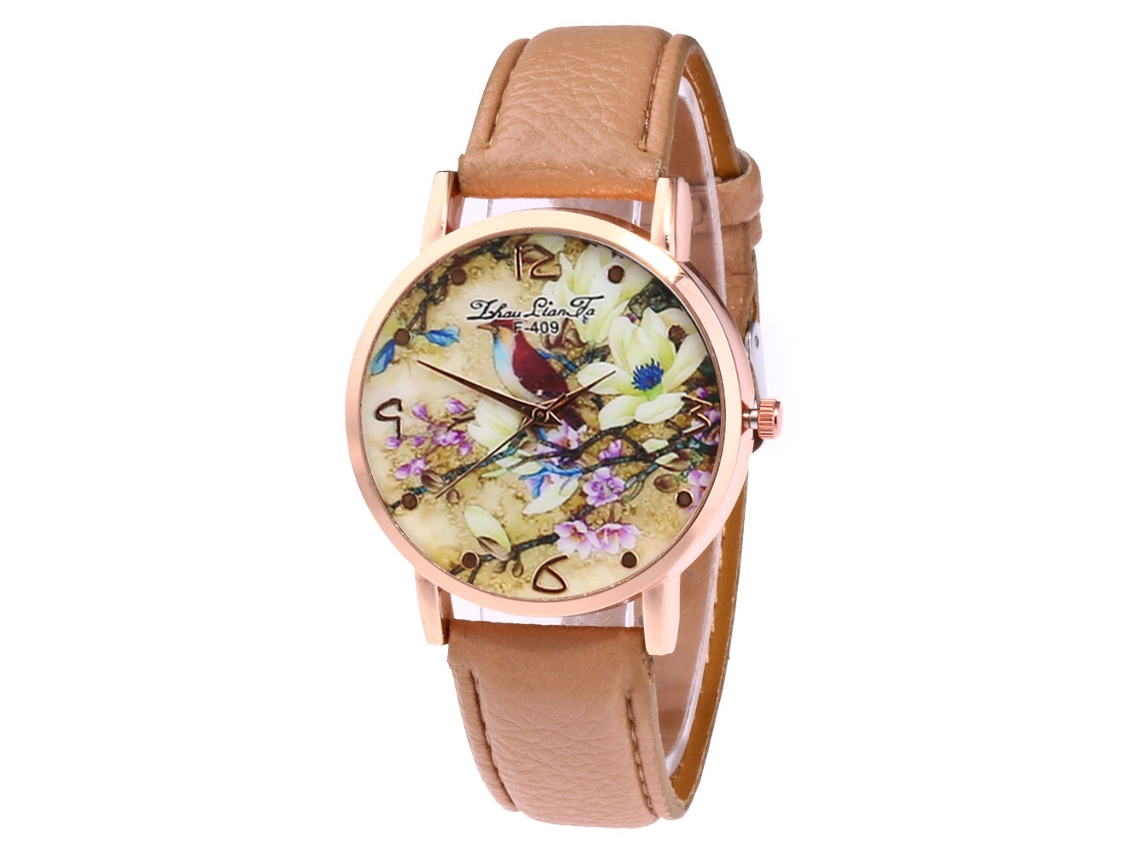 Reloj De Pulsera De Cuarzo Con Correa Pu Zhoulianfa Patrón Flor Y Pájaro Café Claro