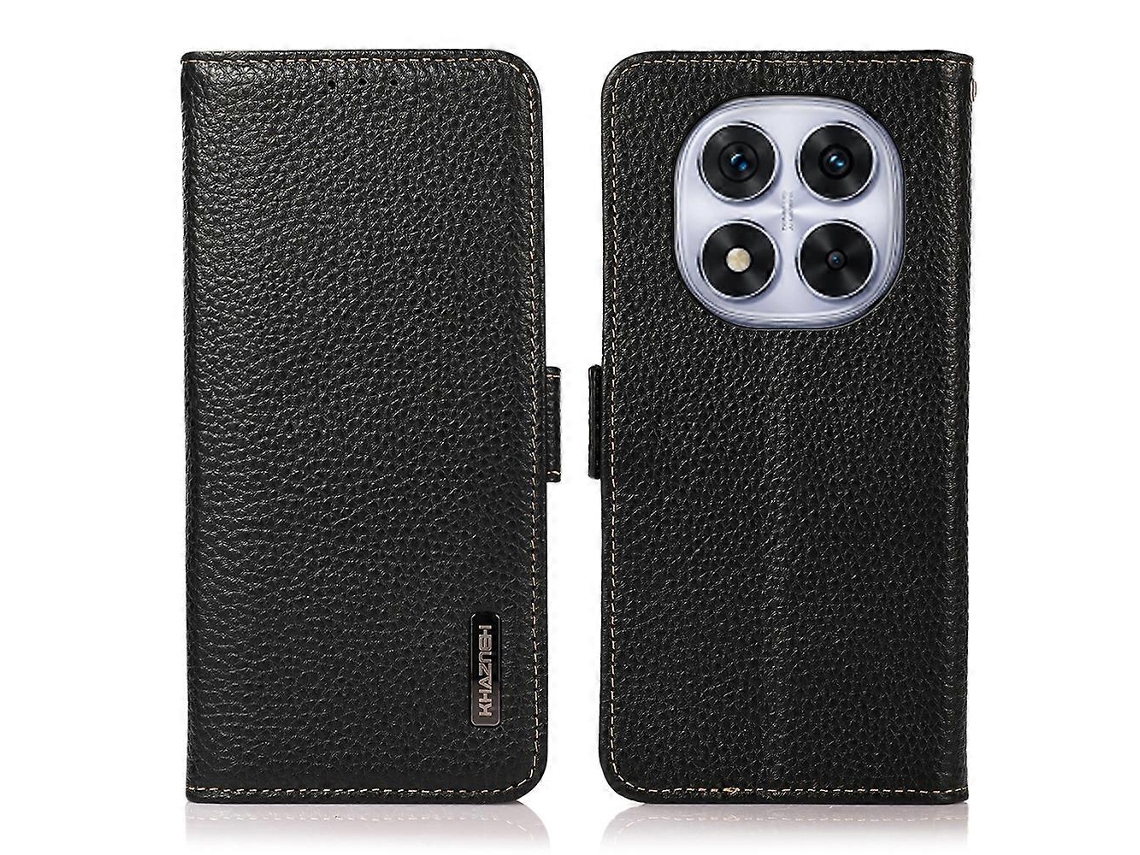 Capa De Celular Khazneh Para Xiaomi Redmi Note 14 Pro 5g / Poco X7 5g, Capa De Couro Bovino Genuíno Com Bloqueio Rfid, Preta