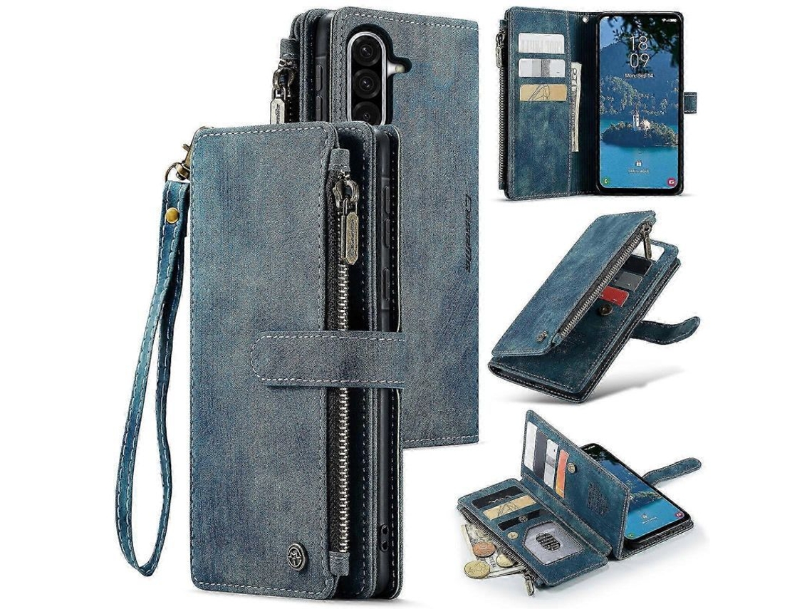 Carteira de couro com zíper e slots para cartões para Samsung Galaxy A56, azul