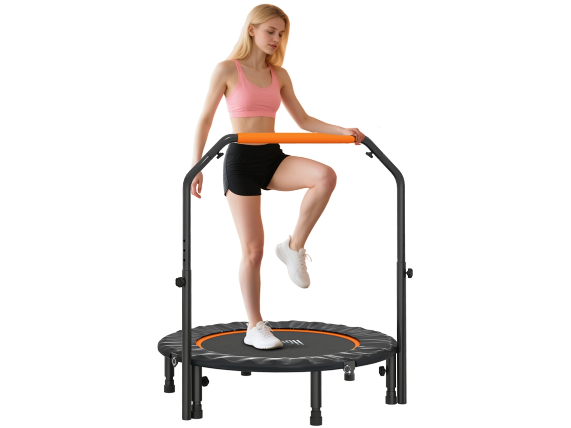 Trampolim Dobrável Laranja Ø102 Cm Com Alça Ajustável, Estrutura De Aço Para Pernas Treino, Corpo Preto E