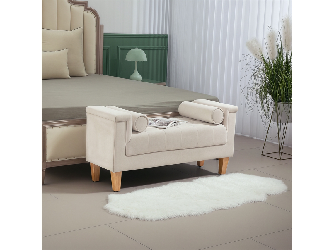 Banco com borda acolchoada e capa de chenille, 2 almofadas cilíndricas, estrutura de madeira, ideal para quarto, sala de estar ou corredor - 115x44x58 cm