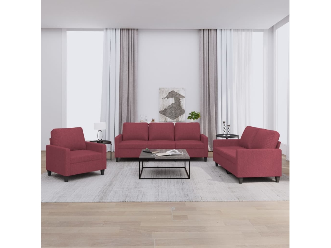 Vidaxl 3 Pcs Conjunto De Sofás Com Almofadões Tecido Vermelho Tinto