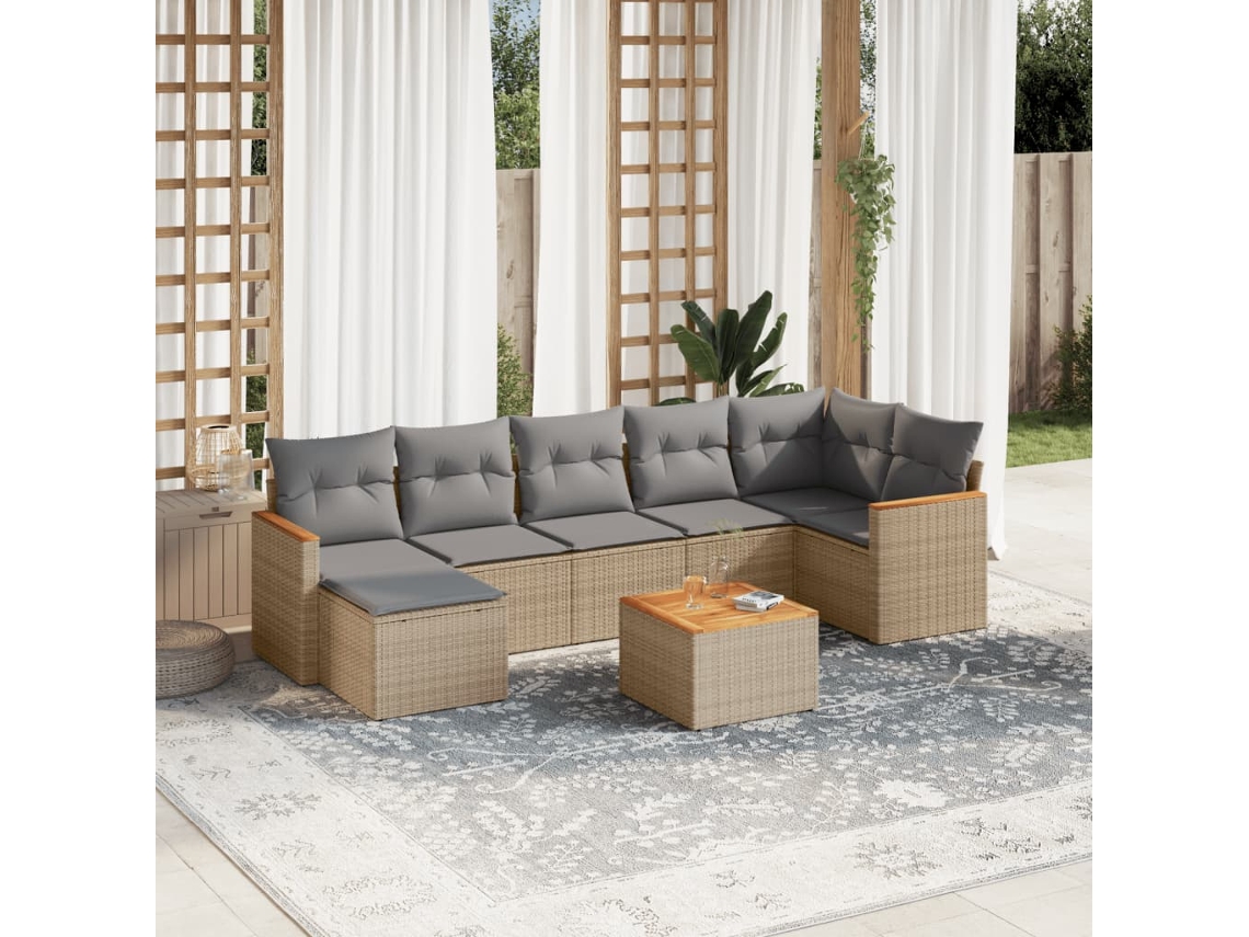 Vidaxl 8 Pcs Conj. Sofás Jardim C/ Almofadões Vime Pe Bege Misturado