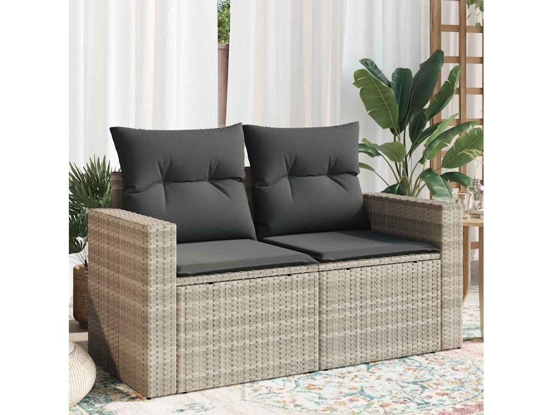 Vidaxl Sofá Jardim De 2 Lugares Com Almofadões Vime Pe Cinzento Claro