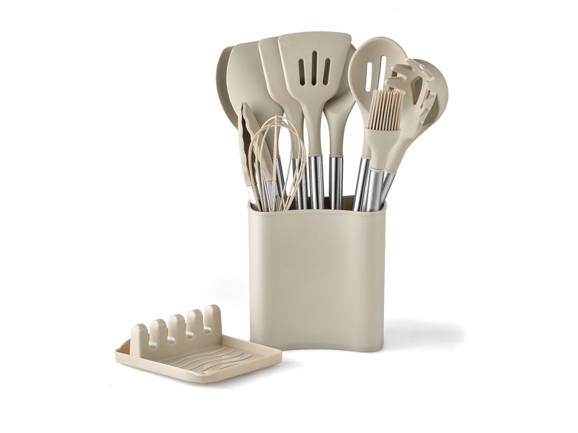 Conjunto de 13 utensílios de cozinha em silicone e aço inox com balde de armazenamento S/MARCA
