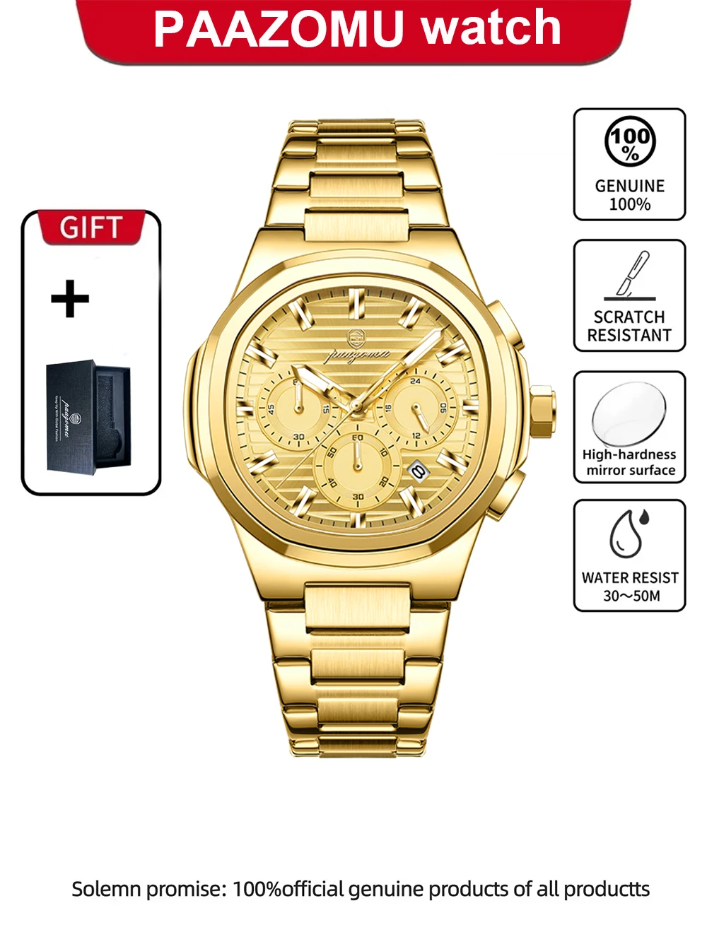 Relógio Elegante E À Prova D'água (dourado) Com Cronógrafo E Indicador De Data.
