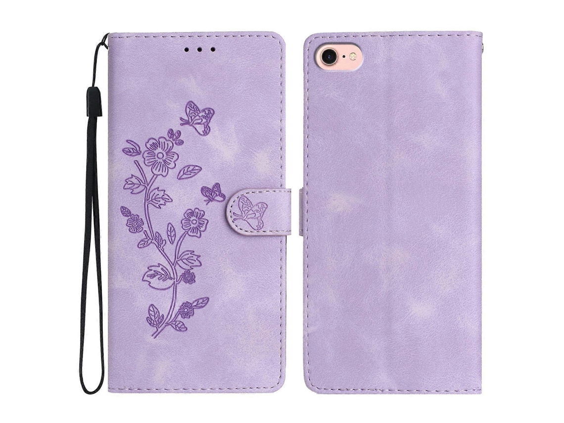 Capa De Couro Com Estampa De Flores E Alça De Pulso Para Iphone 16e - Roxo