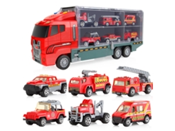 (vermelho) Conjunto De Modelos De Carros Infantis, Incluindo Um Grande Caminhão De Transporte E 6 Veículos De Construção Em Miniatura.