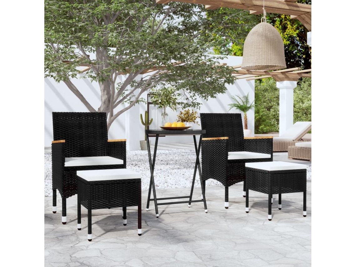 Conjunto 5 Peças Bistrô De Jardim Vime Pe E Vidro Temperado Preto Dkd Home Decor
