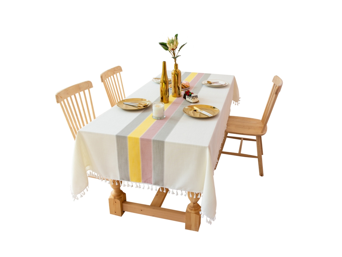 (140x180cm) Toalha De Mesa Retangular De Algodão E Linho Lavável Com Franjas E Borlas