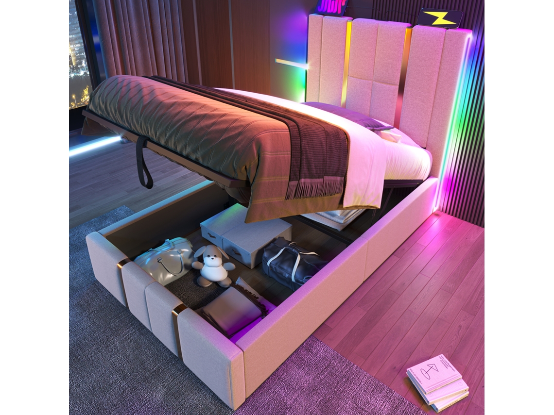 Cama 90x200 Estofada Led Usb c Arrumação Bege