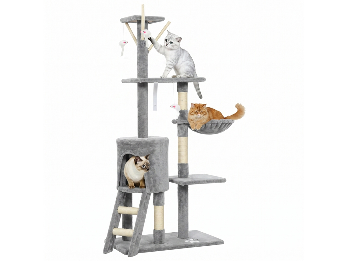 Árvore Arranhar para Gatos com 6 Postes, 3 Plataformas, Caverna, Hammock, Escada e Brinquedos Cinza