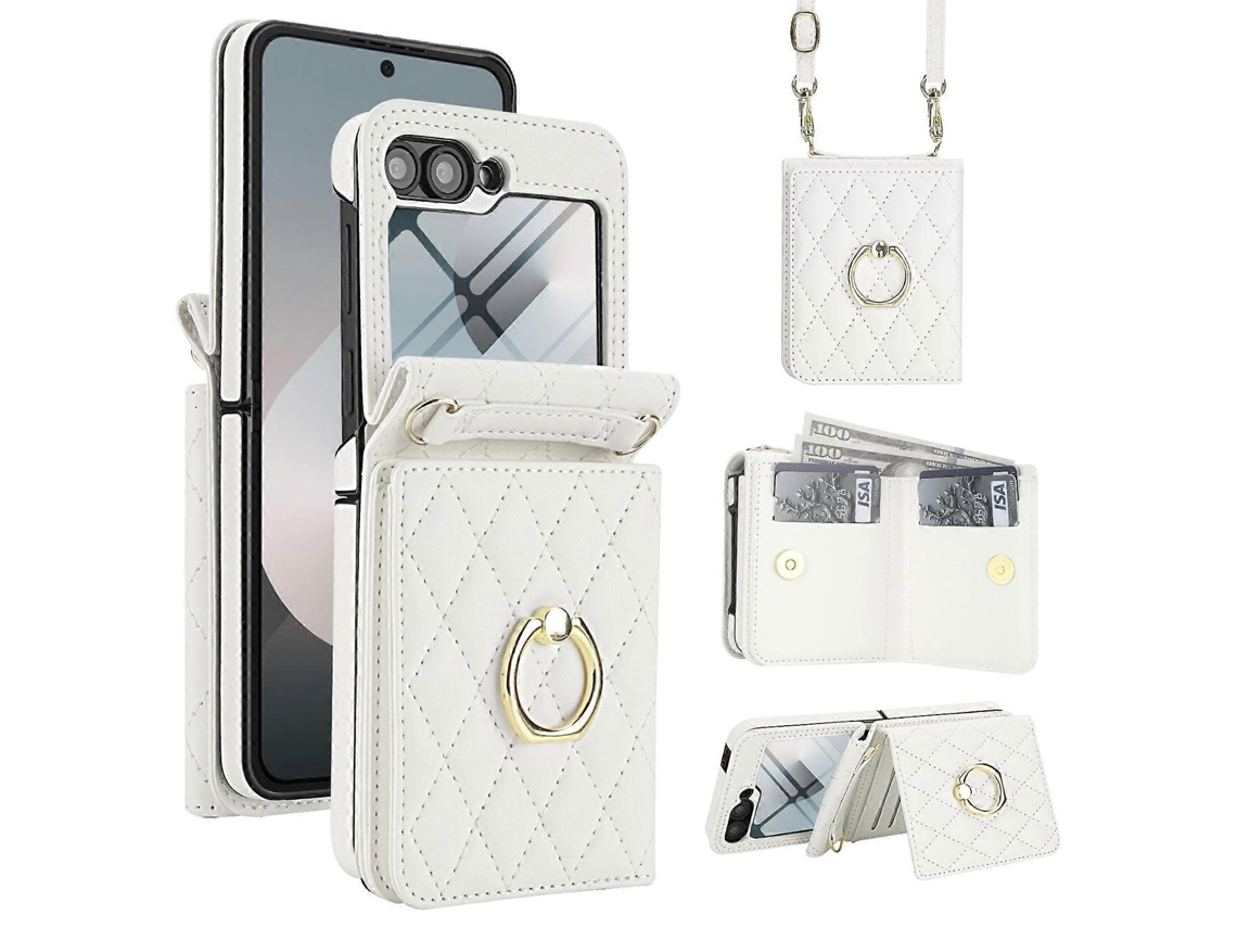 Capa Para Celular Samsung Galaxy Z Flip 6 5g Com Textura Rômbica Integrada, Compartimento Para Cartão Rfid E Cordão Longo.