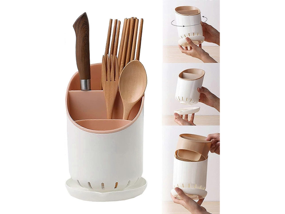 Portavasos e Cubiertos para Cozinha com Prato de Drenagem e Buraco de Escorrimento, Organizador de Utensílios com 3 Compartimentos