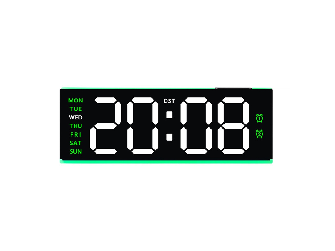 Relógio Despertador Digital Grande Com Data E Dia Da Semana - Preto Verde - Eifson