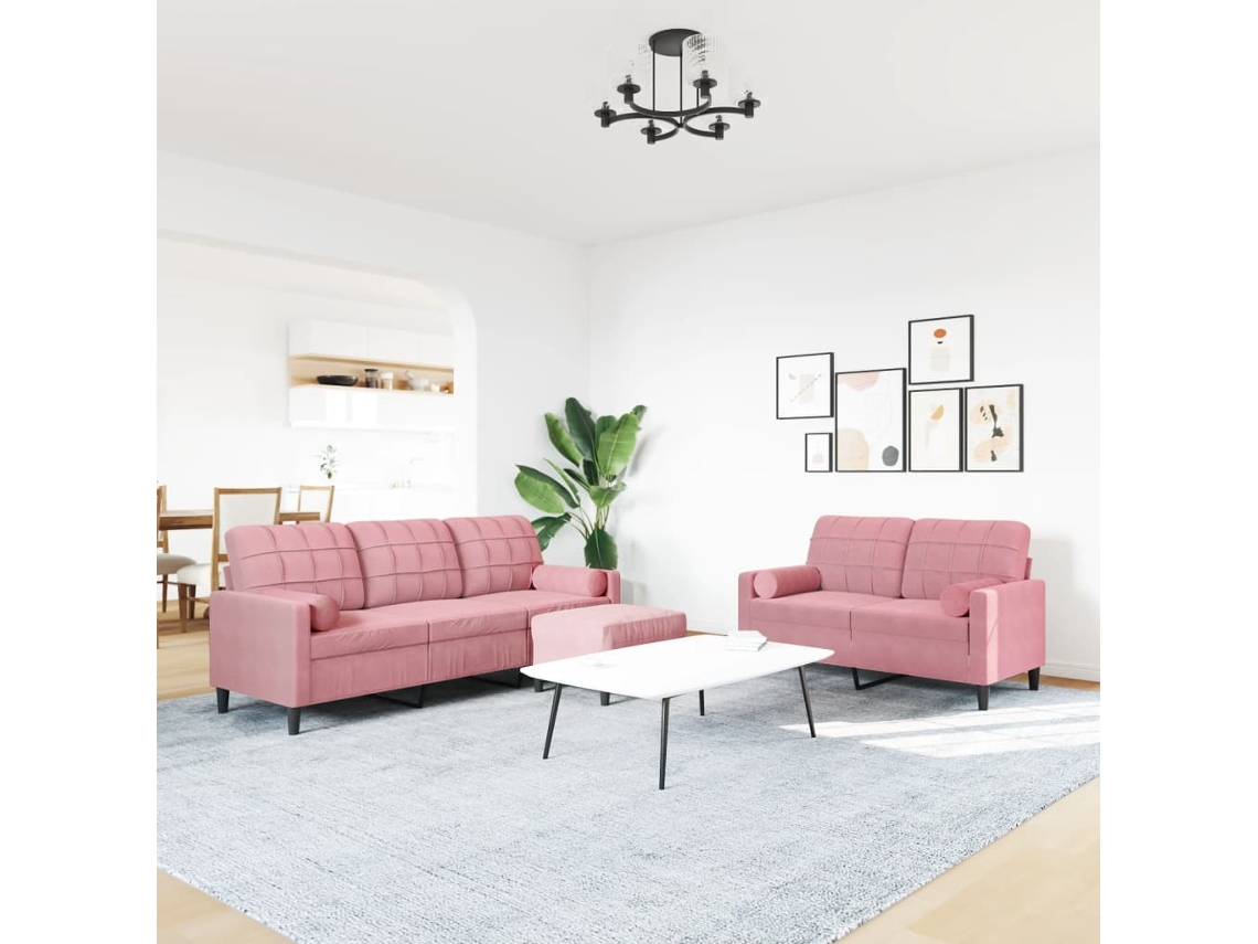 3 Pcs Conjunto de Sofás com Almofadões e Rolos Veludo Rosa SYFAX
