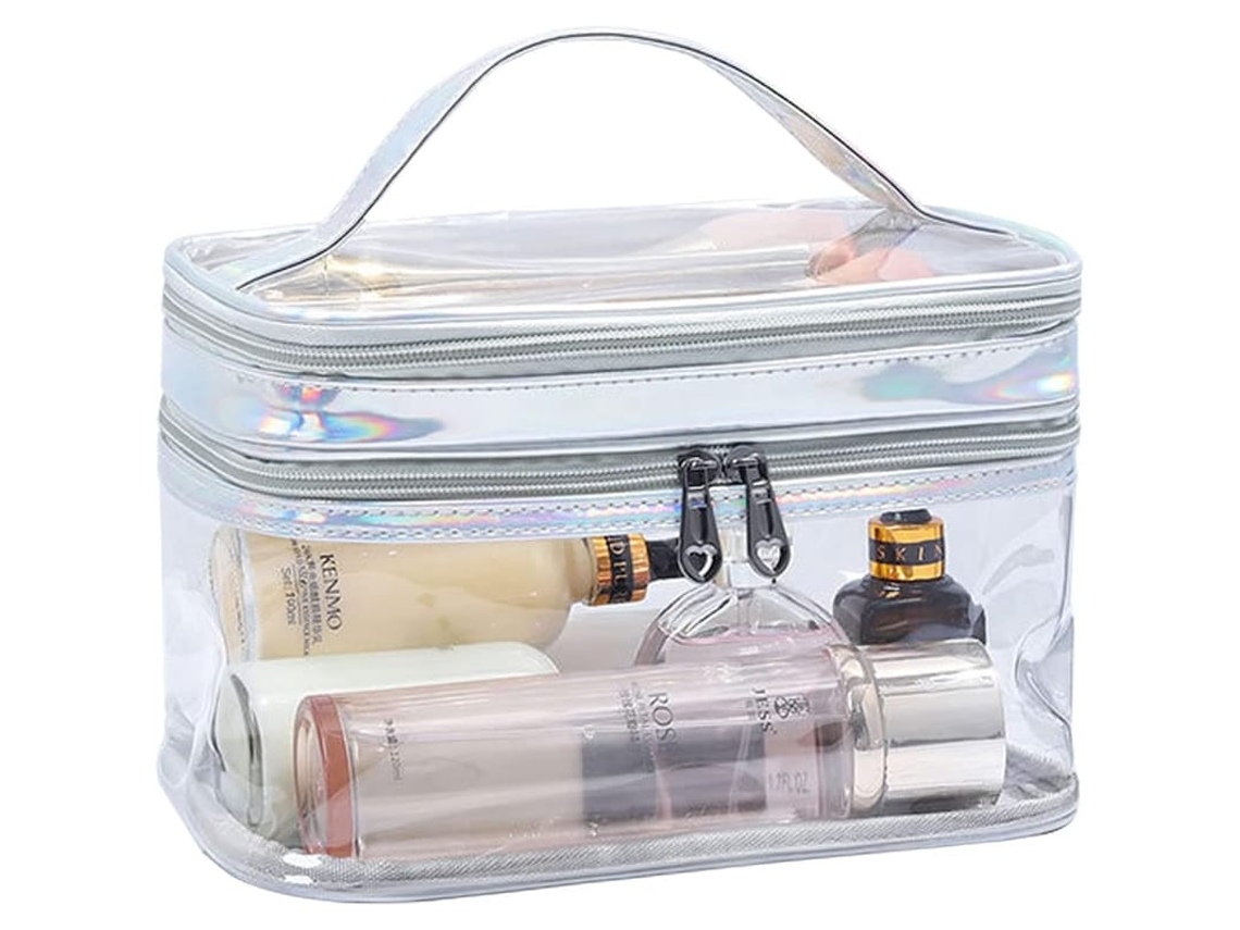 Bolsa De Maquiagem De Camadas Duas Transparente Impermeável Para Viagem, Prata Plata