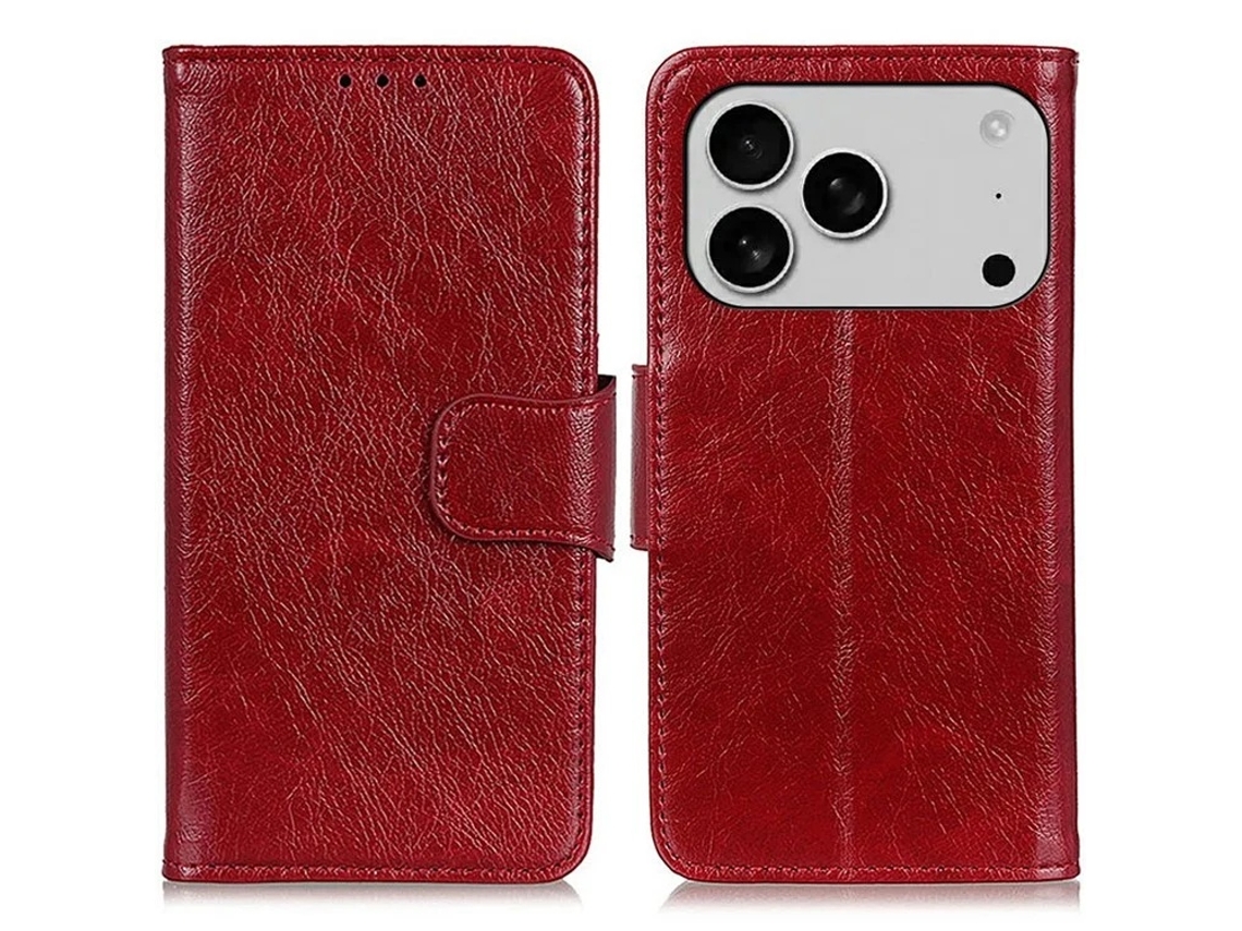 Capa Carteira Em Couro Genuíno Para Iphone 17 Pro Max - Vermelha